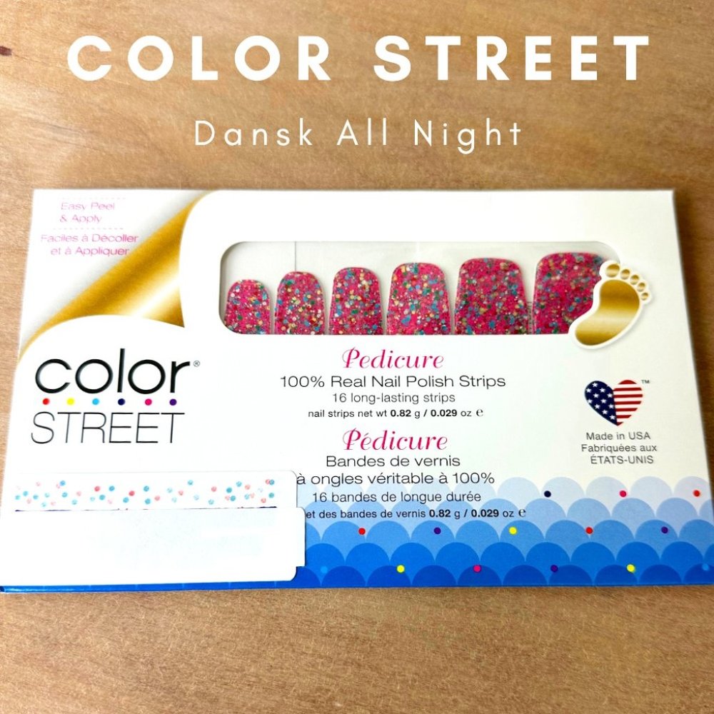 New Sealed Color Street Nail Strips Pedi Polish Dansk All Night Big Glitter Pink